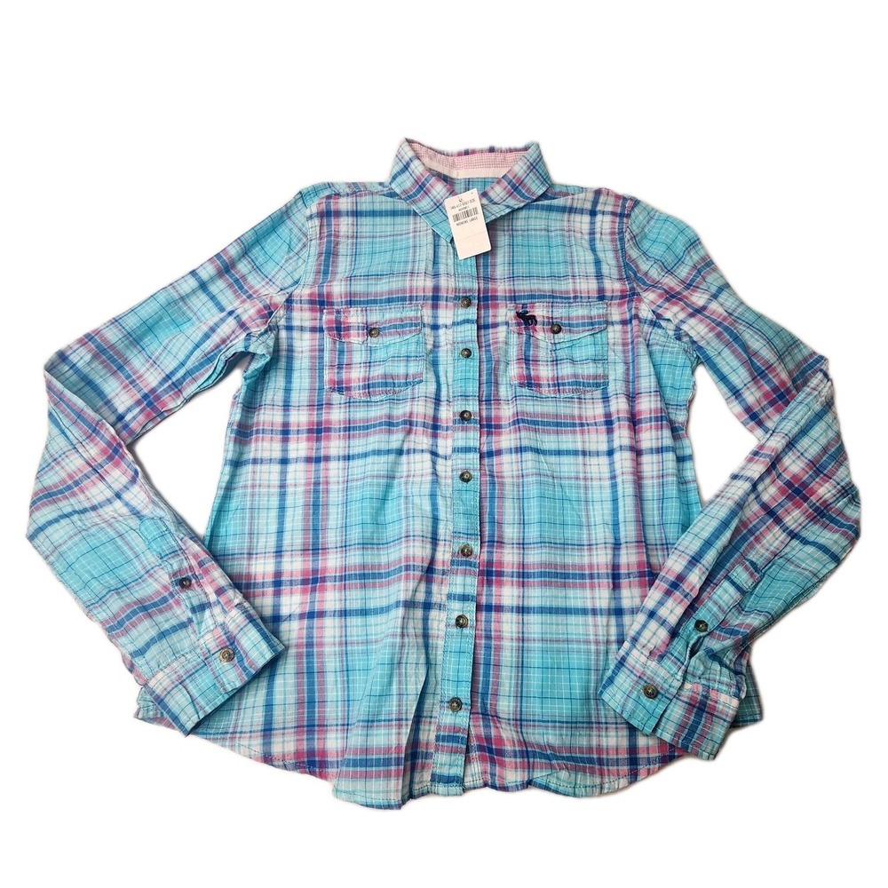 Vtg Abercombie & Fitch Women's Large Plaid Button Down Front Long Sleeve Top New